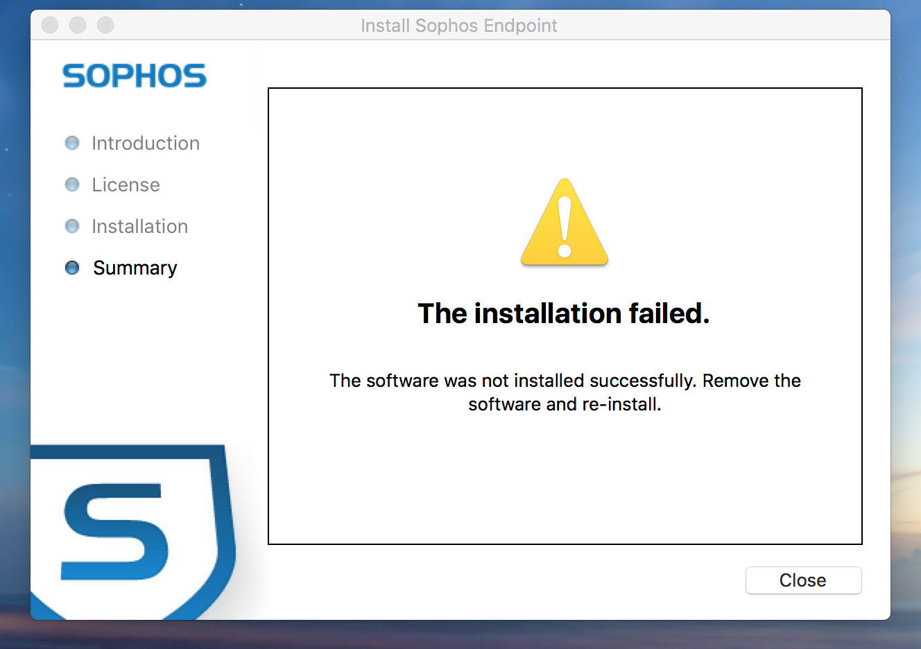 sophos endpoint installation failed mac