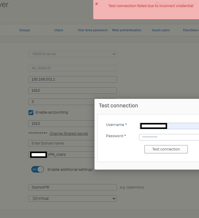 Sophos XG 135 - Radius server - Test connection failed due to incorrect ...