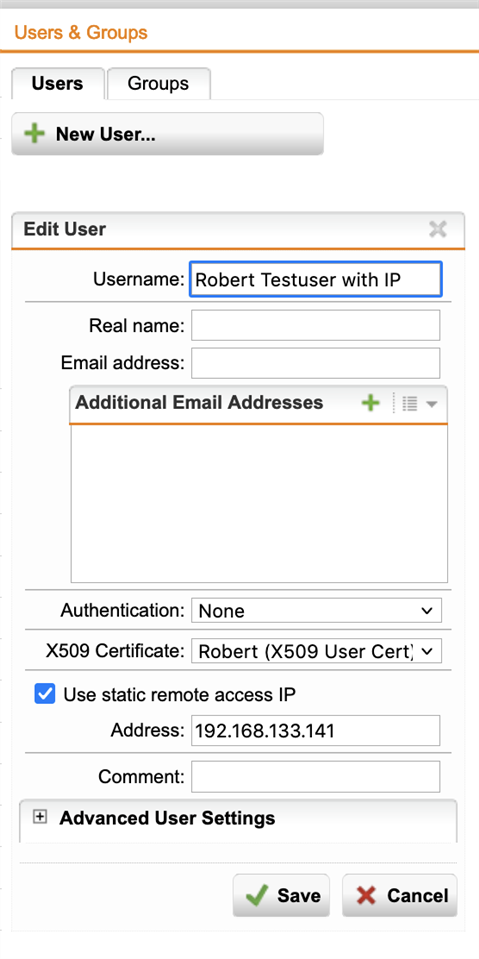 Testuser entered internal IP adress